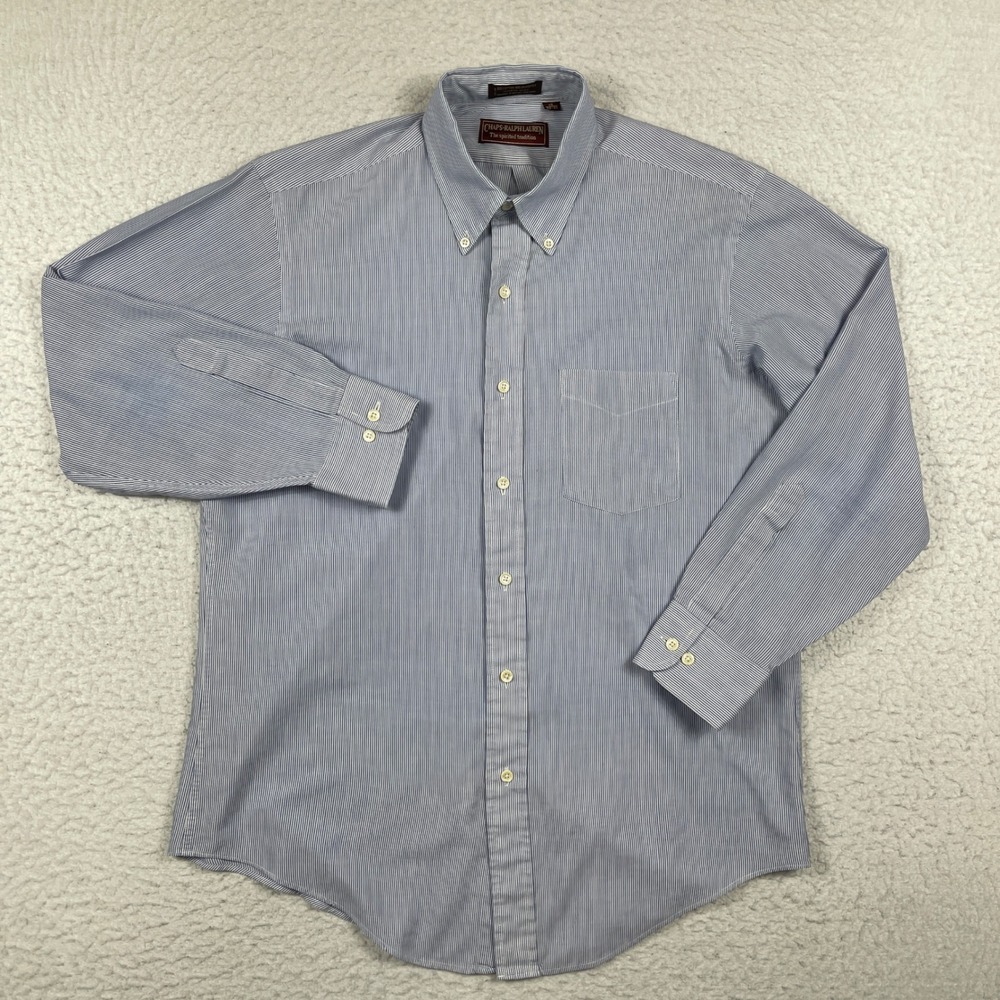 Chaps Ralph Lauren‎ Shirt Mens 16 32-33 Blue White Pinstripe Vintage Preppy Work